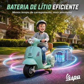 Mota Elétrica Infantil 6V para crianças 18-36 meses Mini Vespa GTS com 2 Rodas Auxiliares, Bateria de Lítio, Farol, Buzina e Encosto, Verde