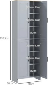 Armário de cozinha com 60 L x 30 P x 170,5 A, armário alto com 4 portas e prateleiras ajustáveis, design moderno, cinzento