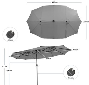 Guarda-sol dupla face de 470 cm com base Areia e 48 luzes LED Painel solar de carregamento automático Mecanismo de manivela Cinzento