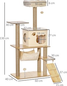 Árvore Arranhadora para Gatos Torre de Escalada com Plataformas Rede Escada Caverna Postes para Arranhar de Juta Bola Supensa e Descanso 60x40x130cm B