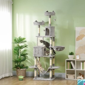 Arranhador para Gatos Grande Altura 173 cm Torre para Gatos com Plataformas Caverna Bolas Suspensa e Rede Cinza Claro