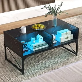 Mesa de centro com luzes LED de alto brilho com tampo de mármore sintético e tampo de vidro temperado com 4 cubos Preto