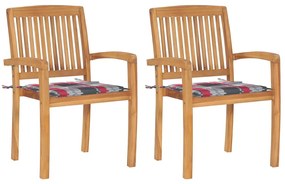 vidaXL Cadeiras jardim c/ almofadões xadrez vermelho 2 pcs teca maciça