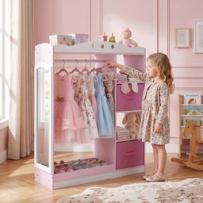 Guarda roupa Infantil com Espelho, 90 x 30 x 111,5 cm, com Gavetas e Prateleiras, Rosa