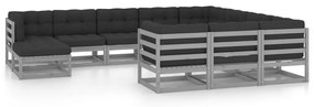 vidaXL 11 pcs conj. lounge jardim c/ almofadões pinho maciço cinzento