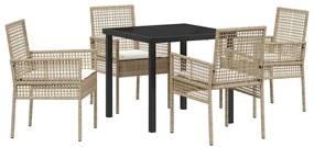 Conjunto de Jantar de 5 Peças com Almofadas Bege Rattan Poliéster