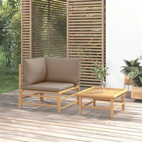 2 pcs conj. lounge jardim bambu almofadões cinzento-acastanhado