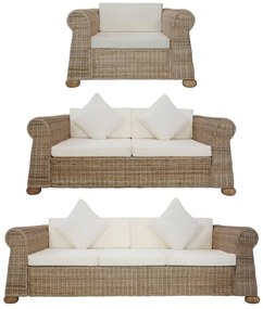 vidaXL 3 pcs conjunto de sofás com almofadões vime natural