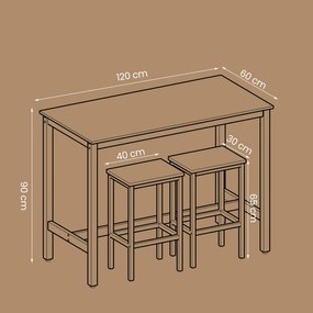 Conjunto de Mesa bar industrial com 2 bancos bar castanho escuro/vintage