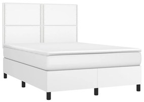 Cama box spring c/colchão/LED 140x190cm couro artificial branco