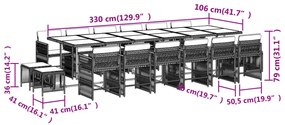17 pcs conjunto de jantar p/ jardim c/ almofadões vime PE bege