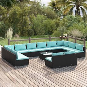 vidaXL 13 pcs conjunto lounge de jardim c/ almofadões vime PE preto