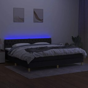 Cama box spring c/ colchão e LED 200x200 cm tecido preto