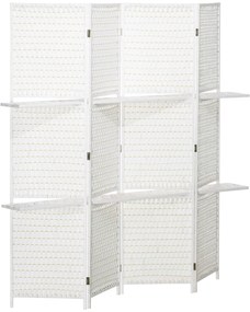 HOMCOM Biombo de 4 Painéis Dobrável Separador de Ambientes Divisor de Ambientes com Prateleiras 181x180cm Branco