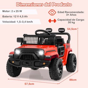 Carro elétrico para crianças 12V com comando à distância, volante, painel musical, buzina, faróis, espelhos rebatíveis, 4 rodas, vermelho