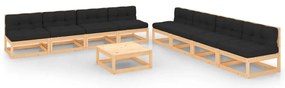 9 pcs conjunto lounge de jardim c/ almofadões pinho maciço