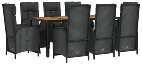 9 pcs conjunto de jantar p/ jardim c/ almofadões vime PE preto