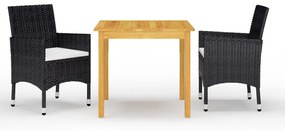 vidaXL 3 pcs conjunto de jantar para jardim com almofadões preto