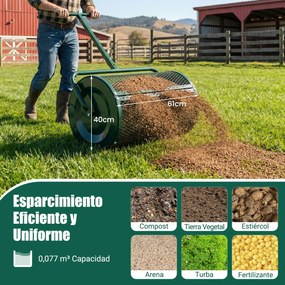 Espalhador de composto para Jardim de 31 cm com rolo para turfa e cabo em T ajustável em altura, com cesto de malha metálica para jardim ou relvado, V