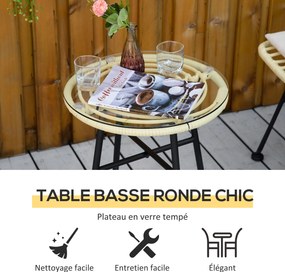 Conjunto de bistrô de jardim de 3 peças: 2 cadeiras + mesa de centro redonda em vidro temperado, 2 almofadas com fecho de correr e capa removível em p