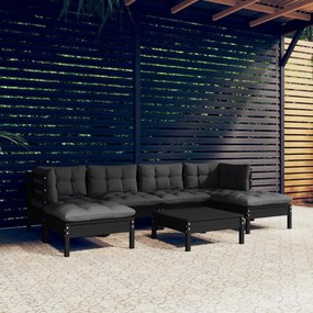 vidaXL 7 pcs conjunto lounge de jardim c/ almofadões pinho preto