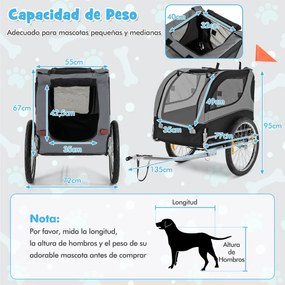 Reboque de bicicleta para animais de estimação com rodas Capacidade 40 kg Transportador de 2 portas para cães médios 60,5 x 135 x 95 cm Cinza