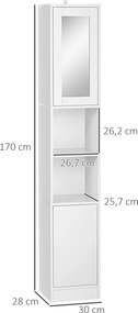 Armário casa de banho  30 x 28 x 170 cm, móvel de arrumação em coluna com espelho, 2 portas, prateleiras ajustáveis, branco