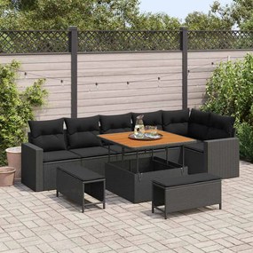Conjunto de Sofá de Jardim 9 Peças com Almofadas Preto Rattan Poliéster Acácia