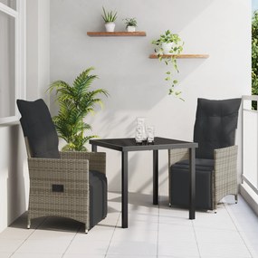 vidaXL Conjunto de 3 peças de Jantar de Jardim com Almofadas Cinzas em Vime Sintético