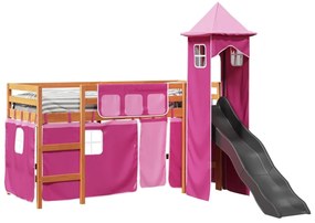 Cama alta para criança com torre 80x200 cm pinho maciço rosa