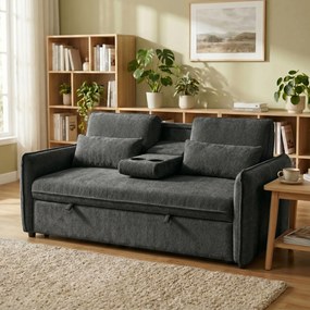 Sofá-Cama 2 Lugares 3 em 1 com Mesa Auxiliar Porta-Copos Encosto Ajustável Bolsos Laterais 2 Almofadas Cinzento Escuro