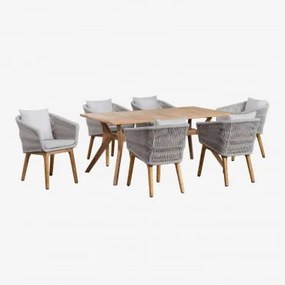 Conjunto De Mesa Retangular Em Madeira Teca (180x90 Cm) Yolen E 6 Cadeiras De Jardim Barker Cinzento Glaciar - Sklum