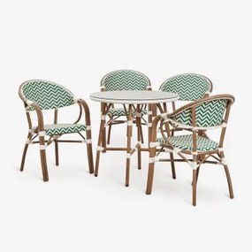 Conjunto De Mesa Redonda Ø80 Cm E 4 Cadeiras De Jantar Empilháveis Com Apoios De Braços Em Alumínio Brielle Bistro Verde Couve - Gardénia Branco -