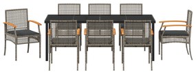 Conjunto de Jantar de Jardim 9 Peças com Almofadas Cinza Poli Rattan