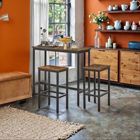 Conjunto mesa de bar com 2 bancos altos, mesa alta com conjunto de bancos castanho-preto