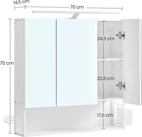 Armário espelho de casa de banho de 3 portas com iluminação e prateleira regulável em altura 14,5 x 70 x 70 cm Branco