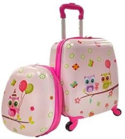 Conjunto de 2 malas de mão infantil com rodas, mala dura, mochila portátil rosa claro