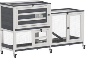 PawHut Clapier para coelho em madeira 2 andares com rodas, 3 bandejas, para 2-3 coelhos, 147 x 45 x 89,5 cm, cinza | Aosom Portugal