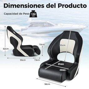 Assento de barco desportivo dobrável com encosto de 53 cm de altura e encosto estofado em couro PVC impermeável Preto