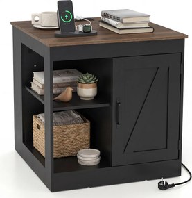 Mesa apoio, mesa cabeçeira Rústica 60 x 60 x 61 cm com Estação de Carregamento, com Porta Deslizante para Quarto e Sala Preto + Natural