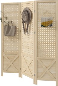 Biombo de interior em madeira 114 x 1,7 x 144,5 cm, com 3 painéis, divisória dobrável, painel perfurado, madeira natural