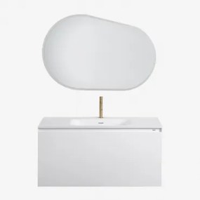Conjunto De Móvel De Casa De Banho Suspenso Em Madeira Com Lavatório Integrado Macrae Branco & Oval Led E Anti-embaciamento 100x80 Cm Riben & Dourado