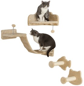 PawHut Conjunto de Prateleiras de Escalada para Gatos de 4 Peças com 2 Postes de Sisal e Plataforma para Saltar Bege | Aosom Portugal