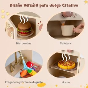 Cozinha de brincar em madeira 60 x 30 x 91 cm para crianças com luzes, sons, fogão, máquina de gelo, cafeteira, lava-loiça e portas em rattan – a part