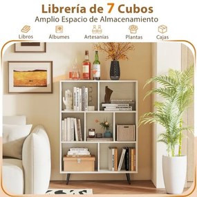 Estante de 3 níveis com 7 cubos, 4 pés de metal e dispositivo anti-capotamento para sala de estar ou escritório 80 x 24 x 107 cm branco
