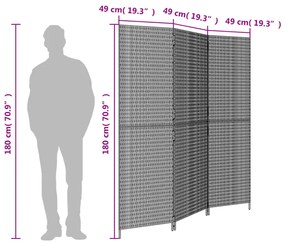 Biombo de divisão 3 painéis vime PE castanho