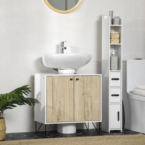 Móvel para lavatório (NÃO INCLUIDO), móvel de casa de banho com 2 portas, pés em aço, 60 x 30 x 60 cm, branco e madeira natural