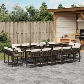 vidaXL 15 pcs conjunto jantar p/ jardim c/ almofadões vime PE castanho