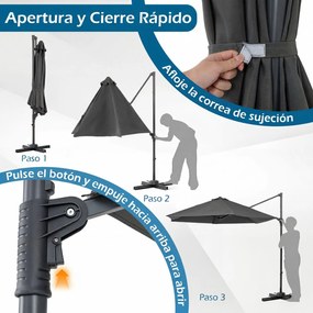Guarda-sol Suspenso (BASE NÃO INCLUIDA), 292 x 292 x 240 cm, Rotação de 360°, Cinzento