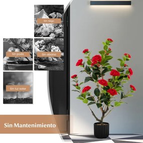 Conjunto de 2 árvores de camélia artificiais 95 cm Planta de flor falsa num vaso de cimento Vermelhas